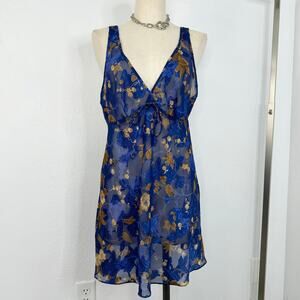 Vintage Sheer Night Grown Slip Dress Blue Floral V-Neck Size Medium